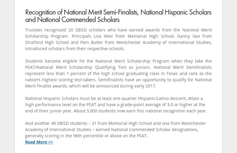 Recognition of National Merit Semi-Finalists, National Hispanic Scholars and National Commended...