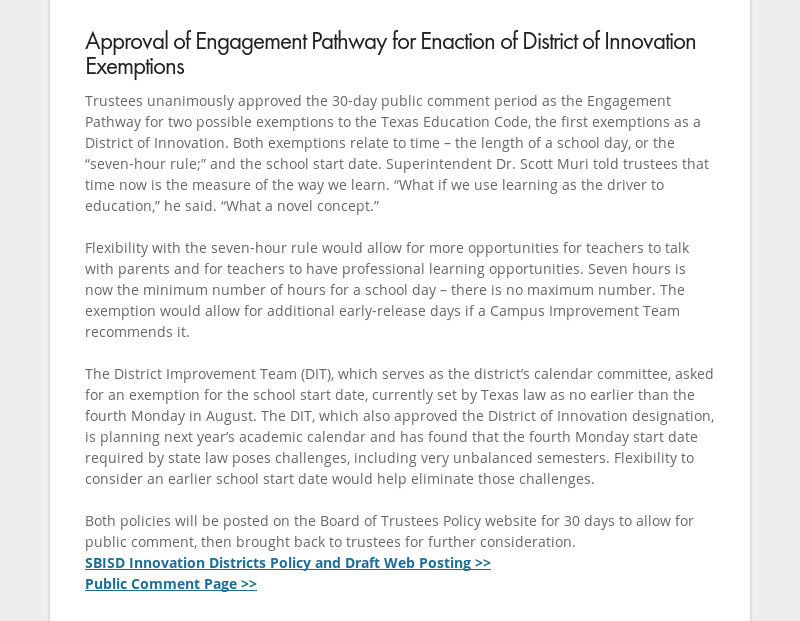 Approval of Engagement Pathway for Enaction of District of Innovation Exemptions Trustees...